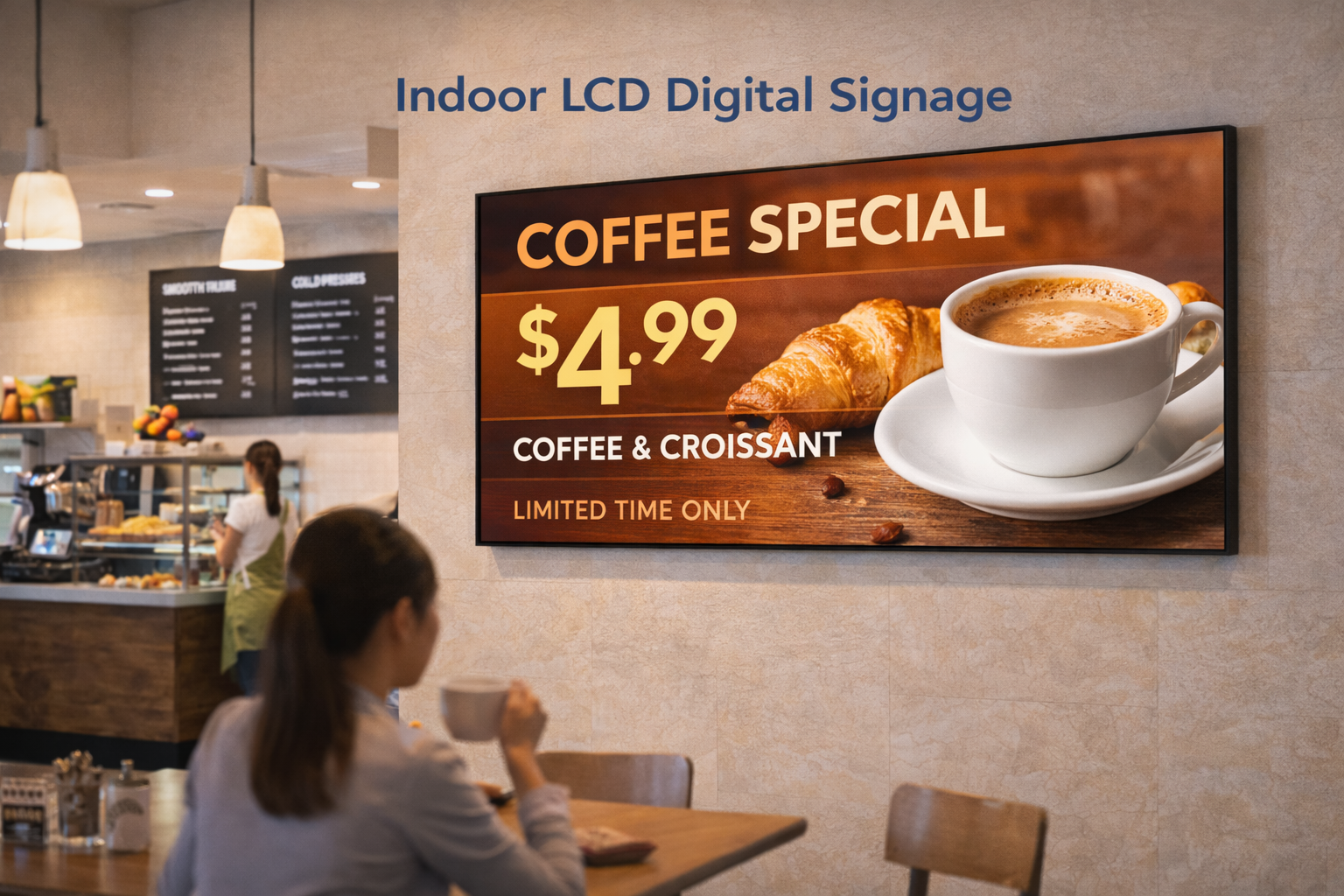 カフェ店内に設置された屋内LCDデジタルサイネージ