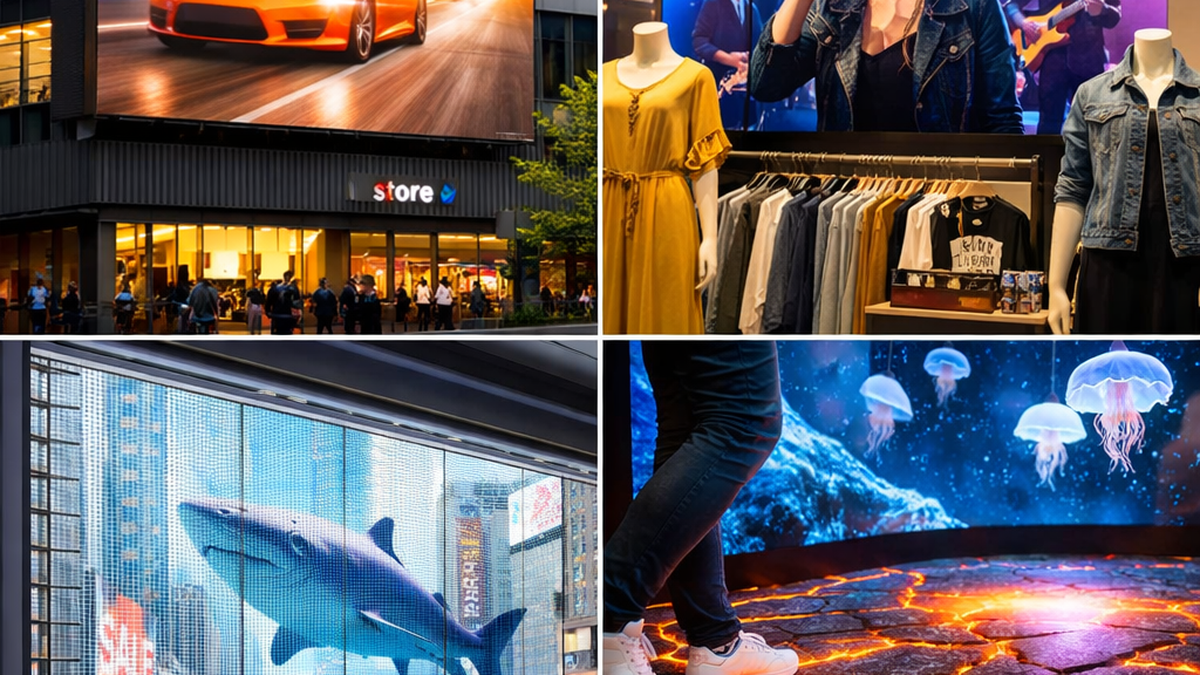夜の商業施設に設置された屋外LEDビジョンとシースルーLED、店内LEDのイメージ